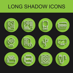 Set line Computer cooler, Processor with CPU, Hard disk drive HDD, USB cable cord, Case of computer, monitor screen and icon. Vector
