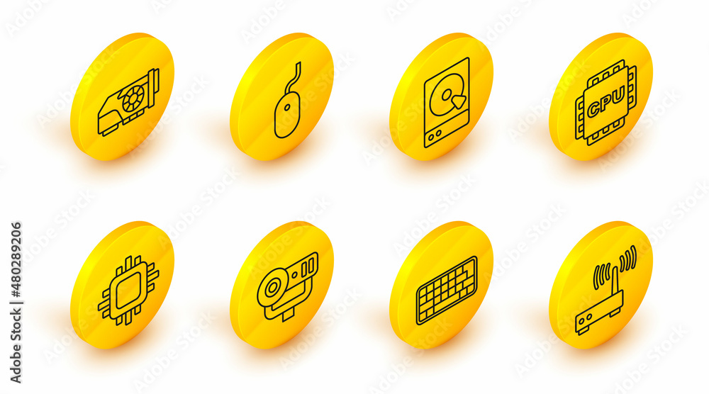 Poster set line router and wi-fi signal, keyboard, web camera, processor with cpu, hard disk drive hdd, com