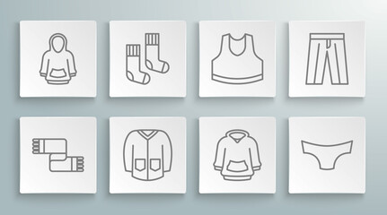 Fototapeta na wymiar Set line Winter scarf, Socks, Sweater, Hoodie, Men underpants, Undershirt, Pants and icon. Vector