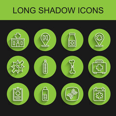 Set line Patient record, Digital thermometer, Hospital building, DNA symbol, Doctor appointment, Medical, First aid kit and Human broken bone icon. Vector