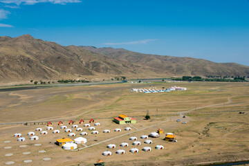 KHARKORIN, MONGOLIA - Jun 29 2017: Tourist Ger Camp in Kharkhorin (Karakorum), Mongolia. Karakorum was the capital of the Mongol Empire between 1235 and 1260.