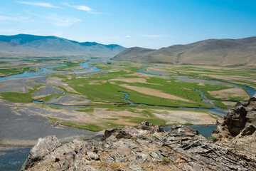 KHARKORIN, MONGOLIA - Orkhon Valley in Kharkhorin (Karakorum), Mongolia. It is part of the Orkhon Valley Cultural Landscape World Heritage Site.