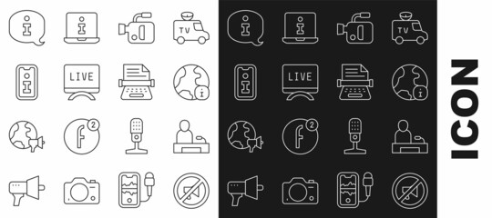 Set line Censored stamp, Television report, World news, Cinema camera, Live, Information, and Retro typewriter icon. Vector