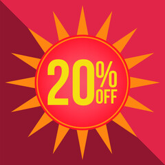 20 percent off. Discount for Promotions. Yellow ballow on a red background - Star