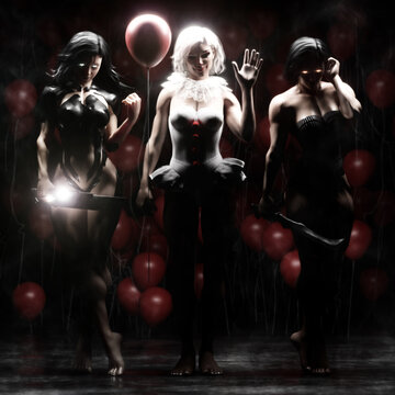 fantasy killer clown woman gang with a creepy atmosphere and soft focus background 