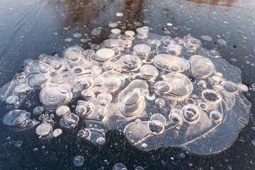 Close up of bubbles in frozen lake in sunny day, cold weather.