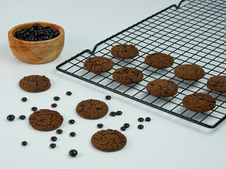 collection of Chocolate chip cookies on cooling rack. teatime morning activities