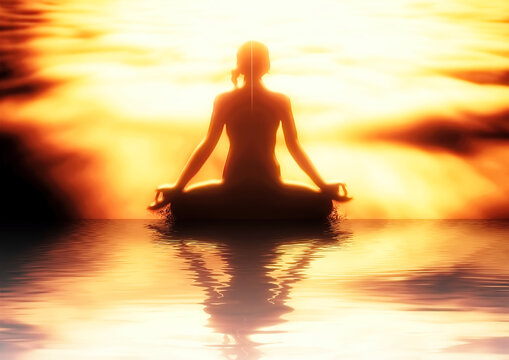水面に座って光を浴びて瞑想する女性のイラスト
