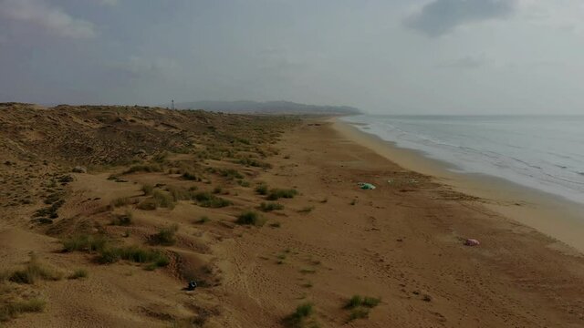 Aerial Slow Rising Over Beach Coastline At Hingol National Park In Balochistan 