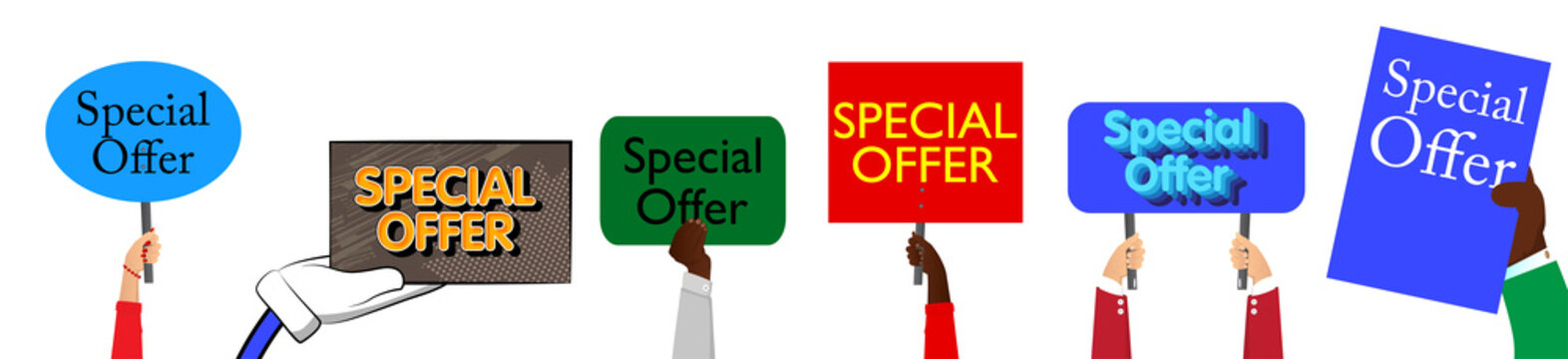 Hand holding up a banner with Special Offer text. Showing billboard banner, sign. Sale, shopping, shop retail business concept.