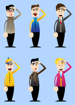 Funny cartoon man dressed for winter confused, scratching his head. Vector illustration.
