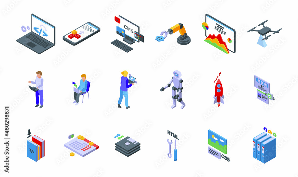 Poster cms development icons set isometric vector. data code. work application