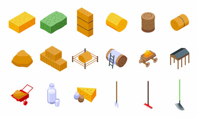 Bale of hay icons set isometric vector. Agriculture hay. Bale haystack - obrazy, fototapety, plakaty