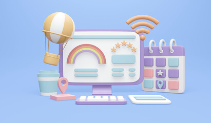 3D Rendering of computer with travel planning icons on background concept of vacation planning and reserving online. 3D render illustration cartoon style.