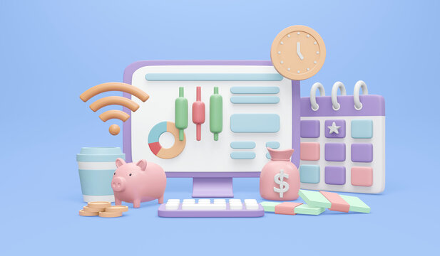 3D Rendering of computer with money icons on background concept of budget and financial planning. 3D render illustration cartoon style.