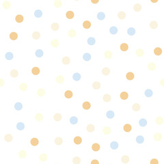 Seamless pattern with circles. Abstract geometric pattern with pink, blue and orange circles. Random, chaotic pastel background with cute bubbles.