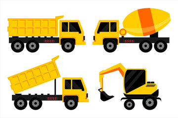 Vehicle sets. Dump trucks, forklifts and tractors. Vehicle for building construction vector illustration 