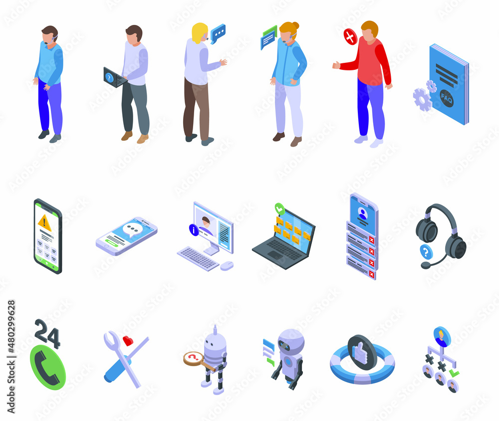 Poster support chat icons set isometric vector. call center. assist service