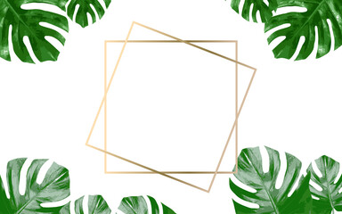 Lots of bright green tropical leaves as a background with a gold stripe in the middle.
