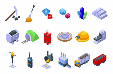 Quarry services icons set isometric vector. Auto car. Carrier construction