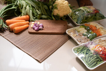 Fresh vegetables and wrapped in disposable polyethylene polymer packaging