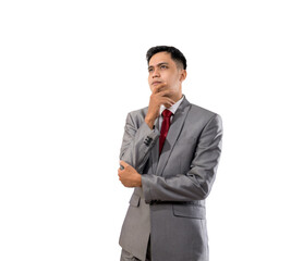 businessman thinking while looking up to copyspace