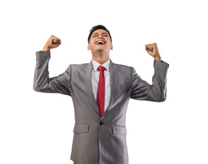 excited young businessman raise his hand isolated over white