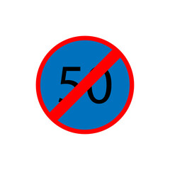 End 50 kilometres minimum speed limit. Warning icon. Blue and red. Road traffic sign. Vector illustration. Stock image. 