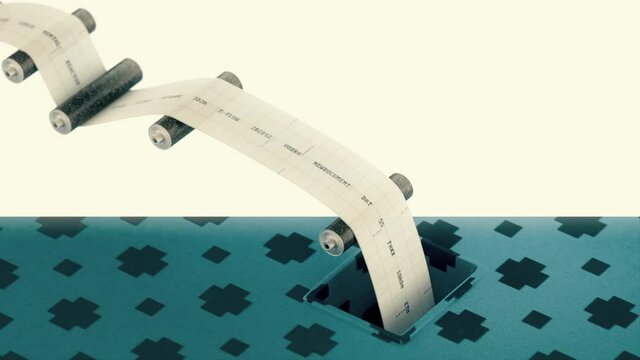 The Conveyor Produces Abstract Data - Words and numbers. Tape is Rolling through Rolling Machine into the Hole. 3D Animation Render