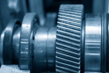 Fototapeta premium Closeup of the gear box in the light blue scene.