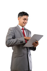 Fototapeta na wymiar businessman holding tablet pc isolated over white background