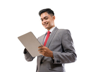 businessman holding tablet pc isolated over white background