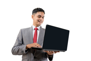 business young asian man holding a laptop while standing isolated over white