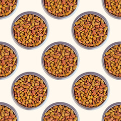 Healthy dry cat food, kitty kibble pieces in a bowl repeat seamless pattern on light background.