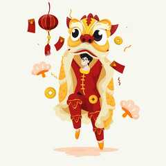 Flat design of a man with lion dance performance design