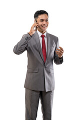 asian young businessman using mobile smartphone on white
