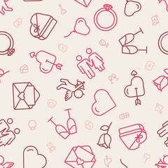 Red outline icons pattern with smaller icons in between.