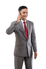 asian young businessman using mobile smartphone on white