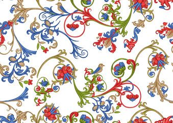 Floral vintage seamless pattern. Medieval illuminati manuscript inspiration. Design for wrapping paper, wallpaper, fabrics and fashion clothes. Vector illustration. Isolated on white background.