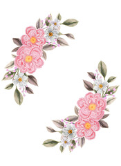 Spring flowers. Isolated frame for design of invitations, cards. Arrangement of pink and white wildflowers in the form of a wreath.