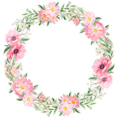 Fototapeta na wymiar Spring flowers wreath. Isolated clip art element for design of invitations, cards. Arrangement of pink and white wildflowers in the form of a wreath.