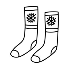 Cotton sock with snowflake, icon on outline style. Cosy winter theme for design to new year, christmas, winter celebration. Vector