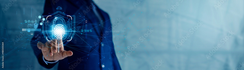 Poster Businessman using fingerprint scanning unlock and access to business data network. Biometric identification and cyber security protect business transaction from online digital cyber attack.