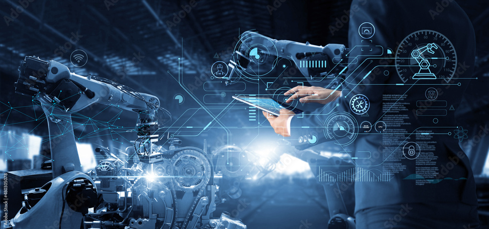 Poster Manager Technical Industrial Engineer working and control robotics with monitoring system software and icon industry network connection on tablet. AI, Artificial Intelligence, Automation robot arm