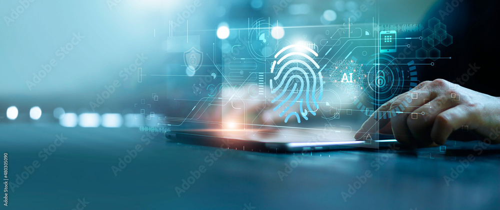 Leinwandbilder Businessman using tablet and fingerprint scanning unlock and access to business data network. Biometric identification and cyber security protect business transaction from online digital cyber attack.