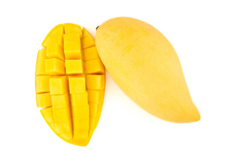 Ripe mango and half slice with cubes isolated on white background.