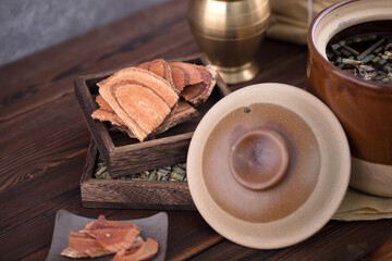 Traditional Chinese medicine soup waiting to be boiled in a medicine pot