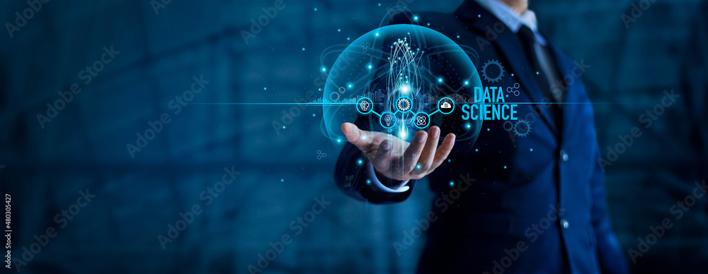 Aufkleber Data science analytics. Businessman holding big data. Analyzing and development at various information on futuristic virtual interface screen. Algorithm. marketing and deep learning of AI.