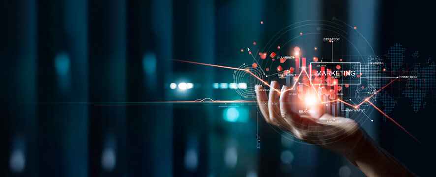 .Hand holding digital marketing growth graph, analysing business planning and financial research in global network connection. Success business strategy solution for economic growth in future concept.