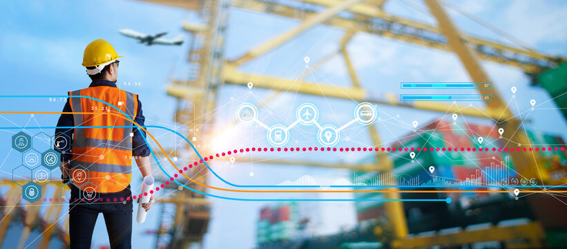 Foreman checking structure and control loading containers box of logistic network distribution, Industrial, Import Export, Business of Global logistics, Internet of things.
